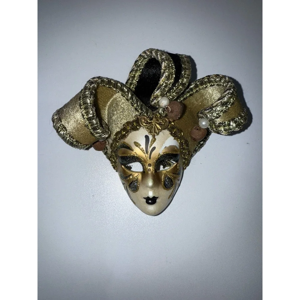 Venetian Mask Made In Venezia, Italy Intricately Painted Gold/ White With Bells